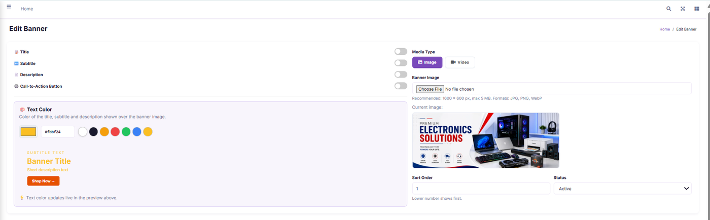 QuickCatalog admin — Edit Banner screen: media type, banner image, text colour and live preview