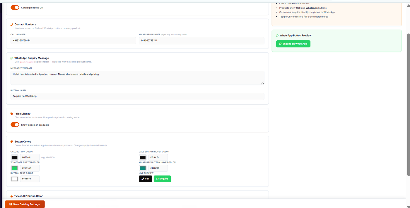 QuickCatalog admin — Catalog Settings: contact numbers, WhatsApp message, price display and button colours