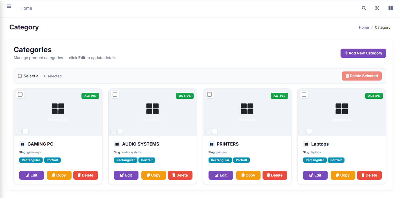 QuickCatalog admin — Categories screen: manage product categories with status, slug, edit, copy and delete