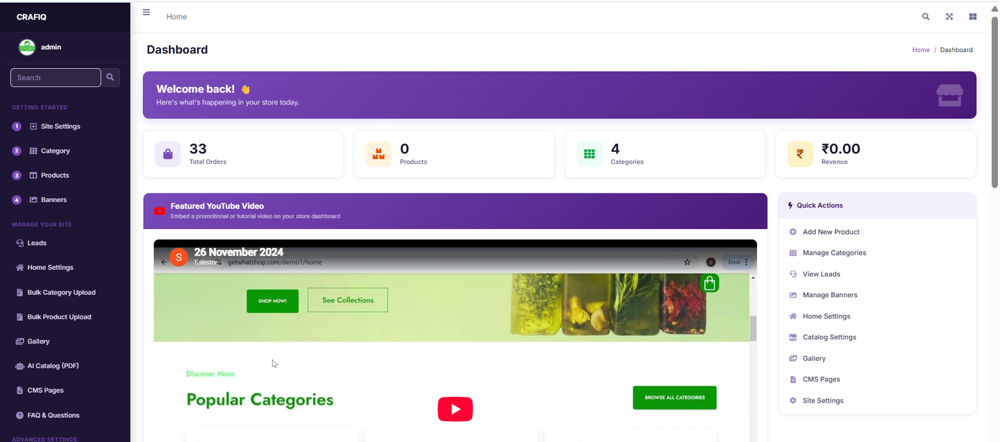 QuickCatalog admin dashboard