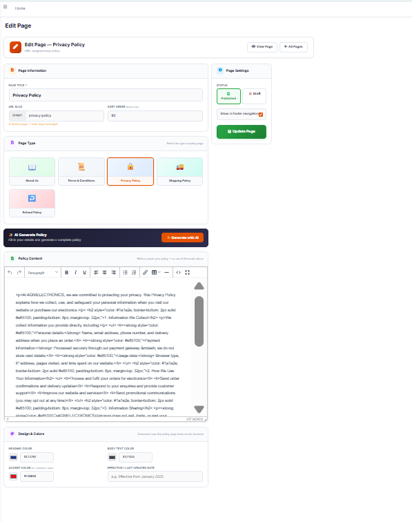 QuickCatalog admin — Edit Page: page content editor with AI generate, design and colours