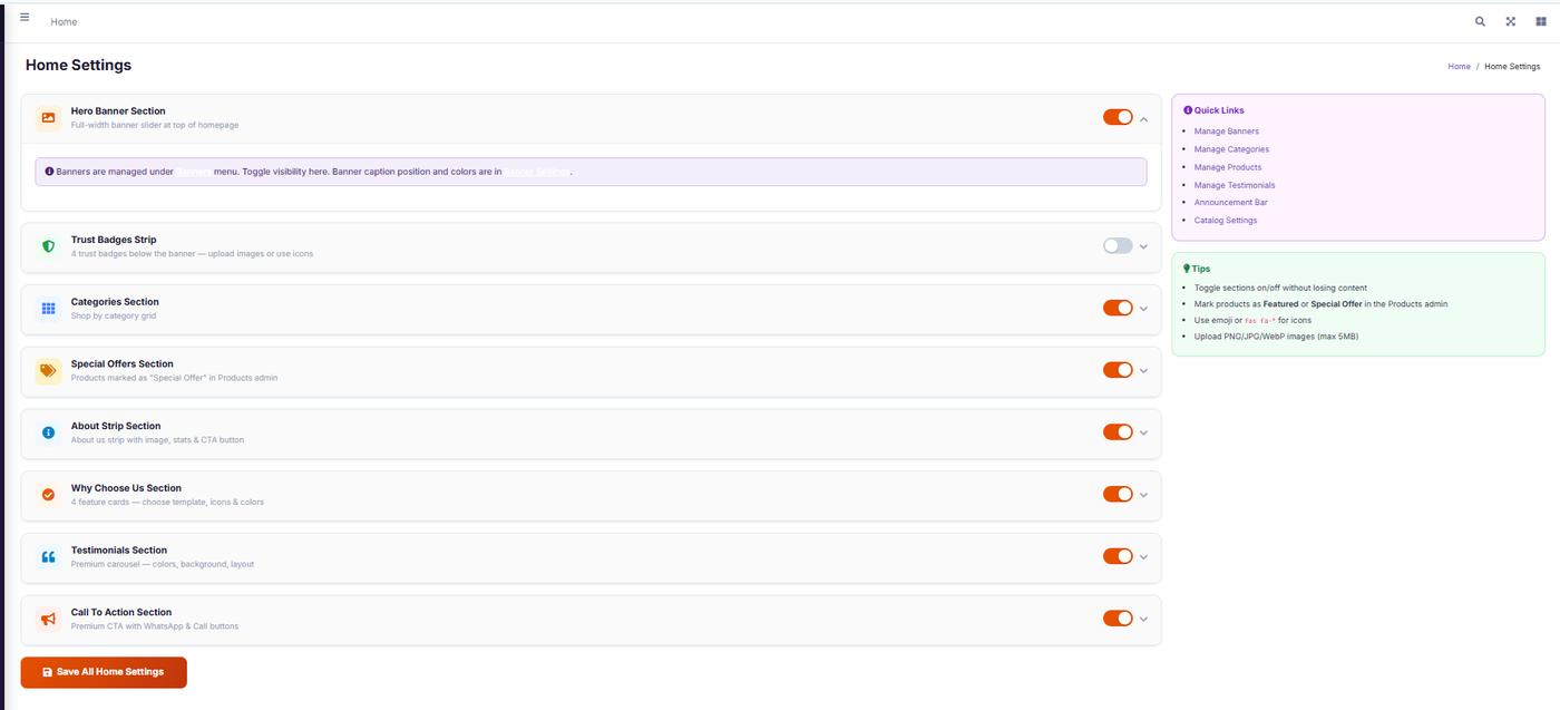 QuickCatalog admin — Home Settings: toggle homepage sections on and off